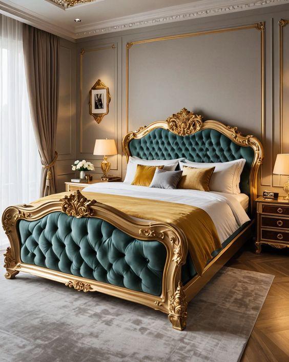 Luxury Bedroom Design with Velvet Tufted Bed and Gold Accents