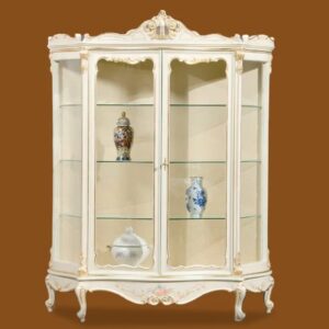 Elegant Wooden Display Cabinet with Glass Doors and Decorative Design