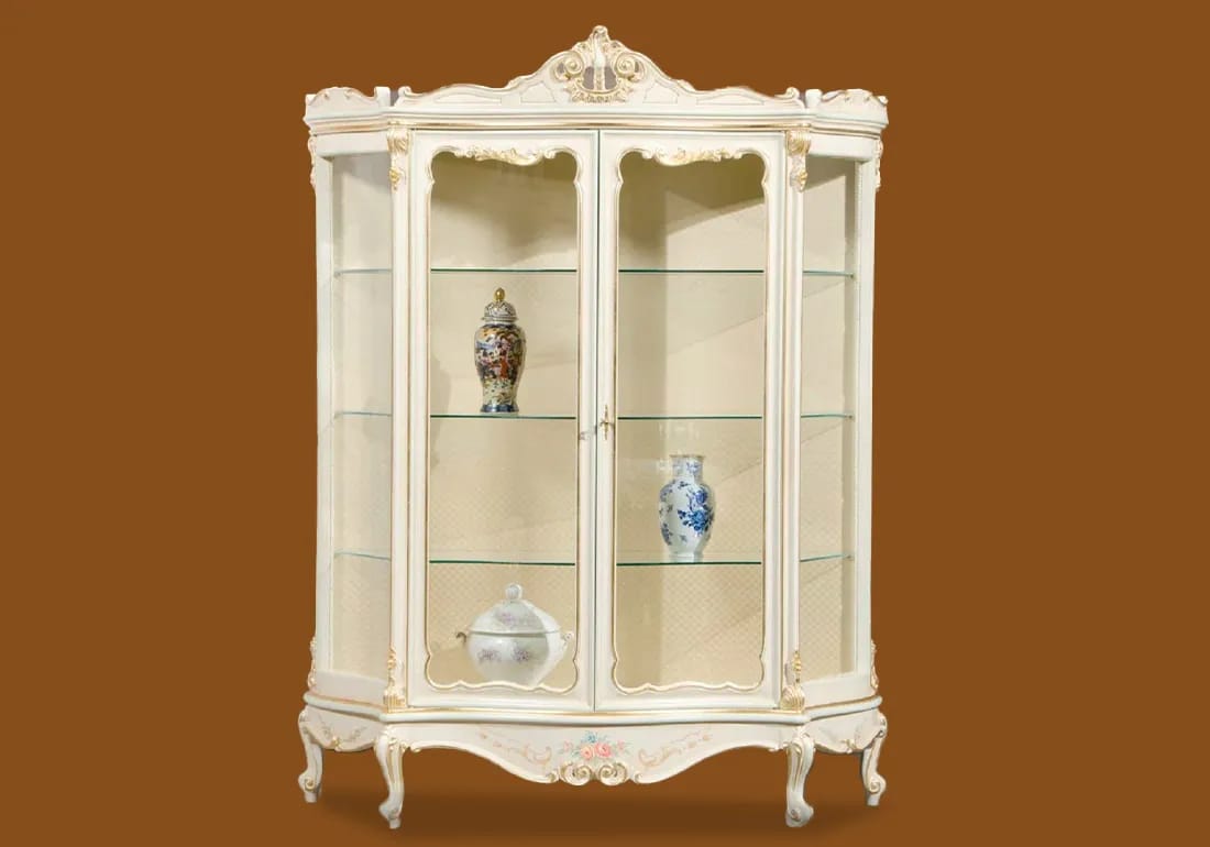 Elegant Wooden Display Cabinet with Glass Doors and Decorative Design