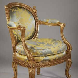 Classic Wooden Armchair With Beige Striped Upholstery – Elegant Accent Chair