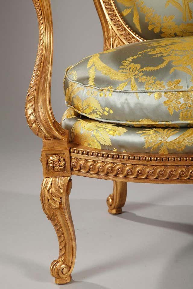 Classic Wooden Armchair With Beige Striped Upholstery – Elegant Accent Chair - Image 6