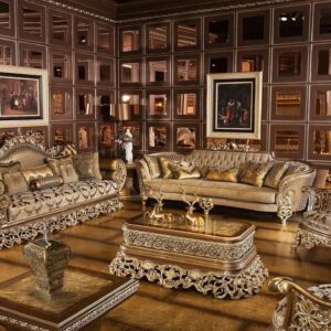 Luxurious Handcrafted Sofa Set with Elaborate Carvings and Rich Brocade Upholstery – Perfect Centerpiece for Elegant Living Rooms