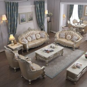 Royal Sofa Set with Hand-Carved Gold Accents – Premium Leather Upholstery and Elegant Baroque Design for High-End Living Rooms