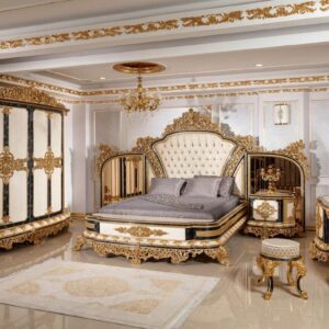 luxury baroque bedroom set gold / white / blue / gold - 1 Double Bed with Headboard & 2 Bedside Tables - Bedroom furniture in baroque style - Noble & Magnificent