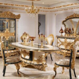 luxury baroque dining chair set multicolored / blue / gold - Set of 6 handmade kitchen chairs with elegant pattern - Baroque Dining Room Furniture - Noble & Magnificent