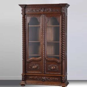 Royal Craft Furniture Antique Style Walnut Color Hand Carved Bookcase + Crockery Unit