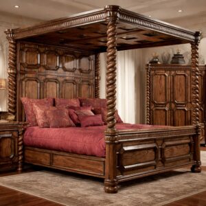 Royal Craft Furniture Premium Heritage Poster Bed with Deep Royal Carving & Classic Finish