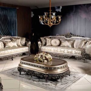 Luxury Handcrafted Sofa Set with Elaborate Carvings and Rich Brocade Upholstery – Perfect Centerpiece for Elegant Living Rooms