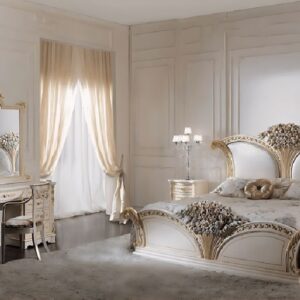 Royal Craft Furniture Ultra-Luxury Imperial Floral Royale Bedroom Set with Hand-Carved Baroque Crowns, Pearl-Tufted Panels And Grand Vanity Ensemble
