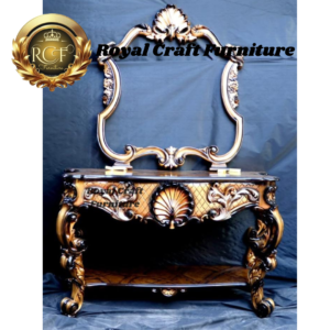 Royal Craft Furniture Hand-Carved Teak Wood Console Table with Mirror Frame.