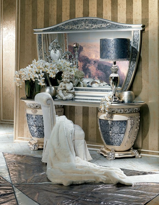 Royal Craft Furniture Grand Luxury Silver Bedroom Set with Scroll Work Heart Headboard, Crystal Top Posts, Ornamental Side Tables And Decorative Baroque Mirror - Image 6
