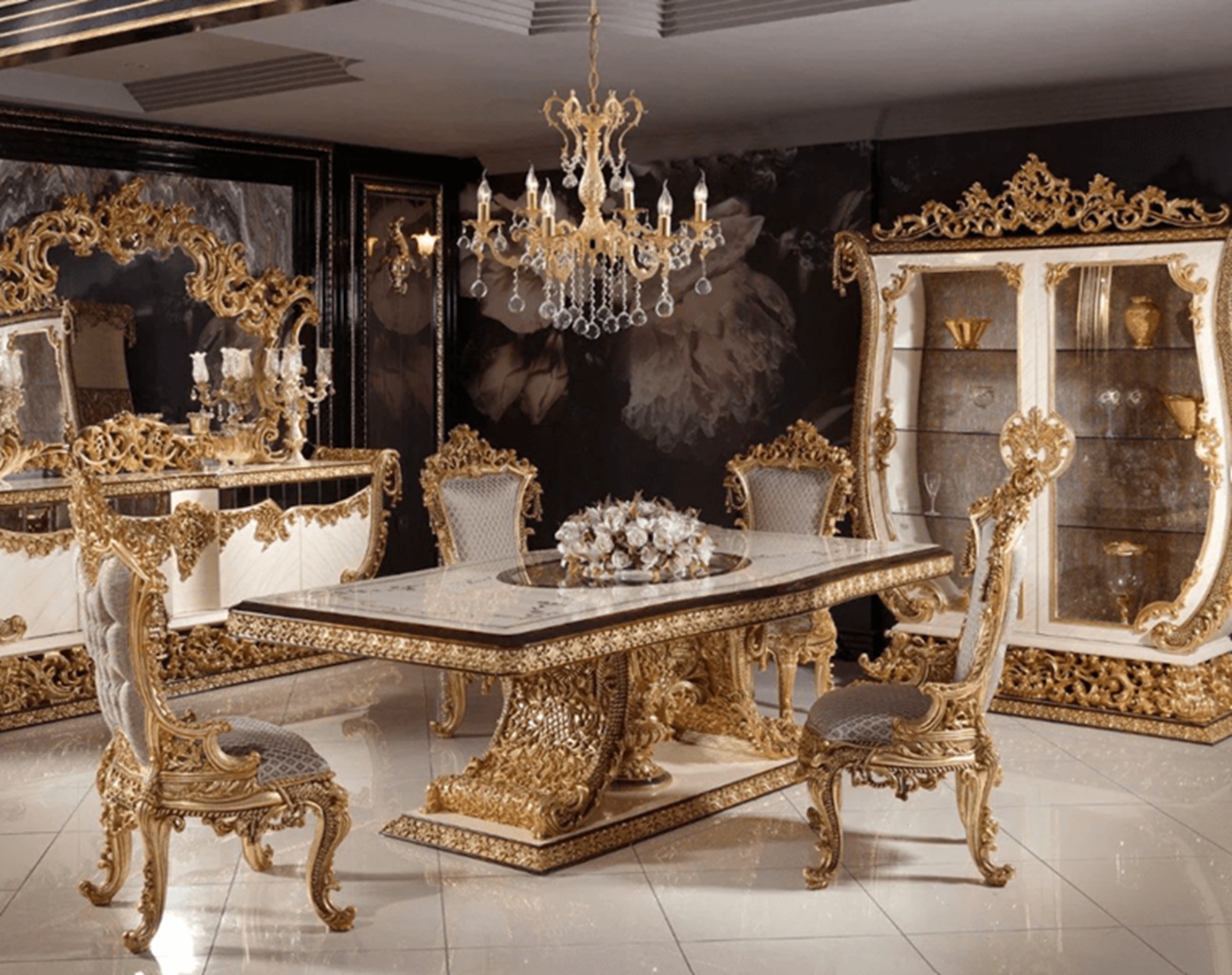 Royal Craft Furniture Royal Gold Carved Dining Set (6-Seater) Classic European Elegance