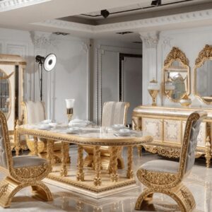 Royal Craft Furniture White & Gold Carved 6-Seater Dining Set | Elegant Royal Design