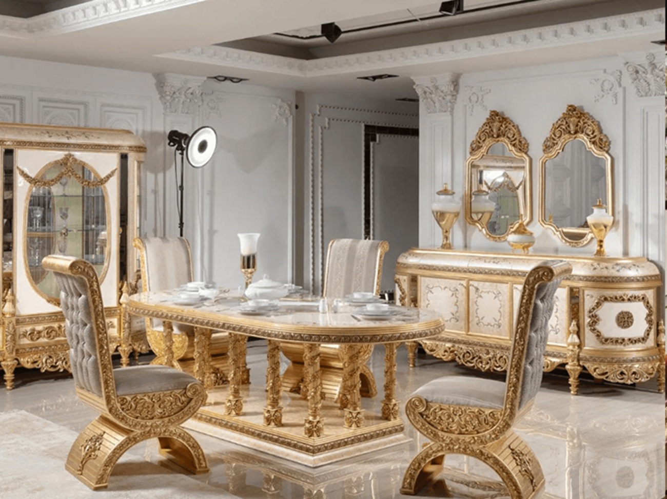 Royal Craft Furniture White & Gold Carved 6-Seater Dining Set | Elegant Royal Design