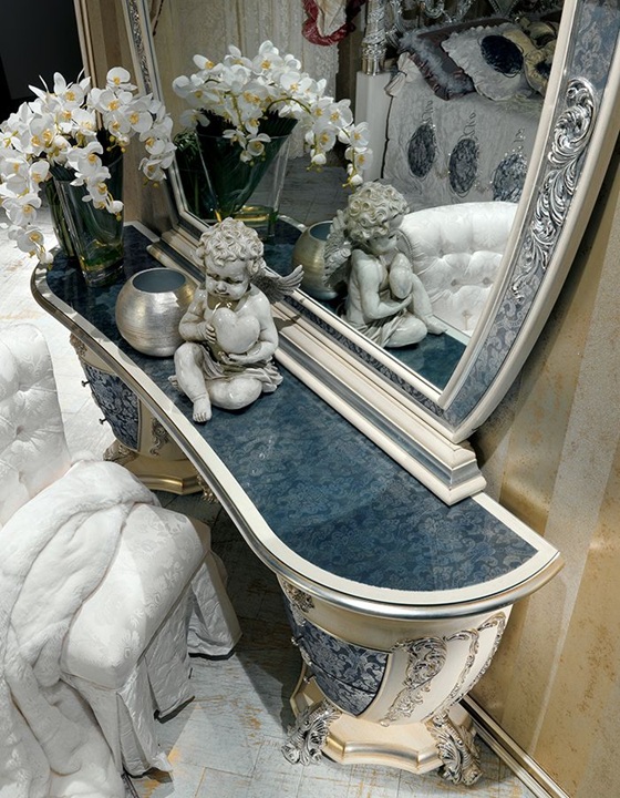 Royal Craft Furniture Grand Luxury Silver Bedroom Set with Scroll Work Heart Headboard, Crystal Top Posts, Ornamental Side Tables And Decorative Baroque Mirror - Image 7
