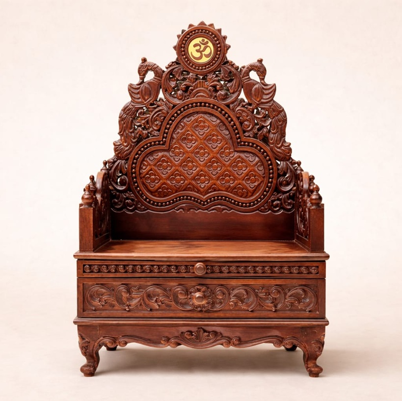 Royal Craft Furniture Durable Teak Wood Puja Chowki with Storage | Handcrafted - Image 2