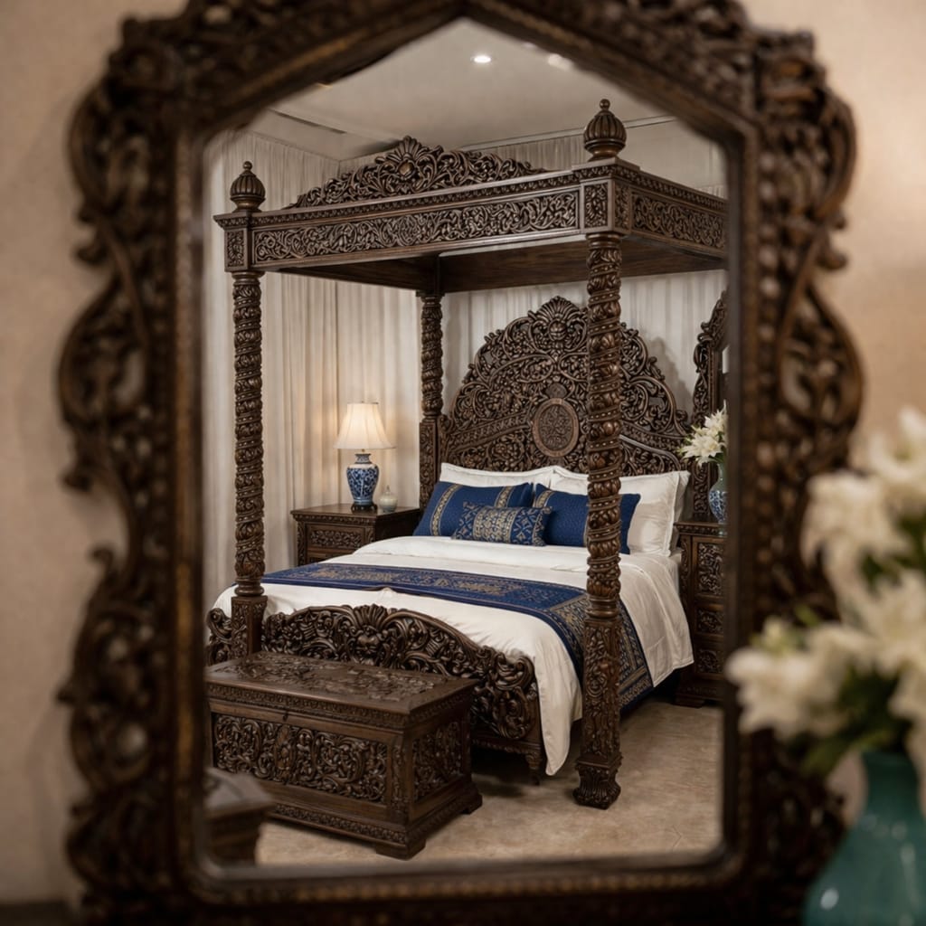 Royal Craft Furniture Royal Maharaja Hand-Carved Luxury Poster Bed with Intricate Wooden Detailing - Image 7