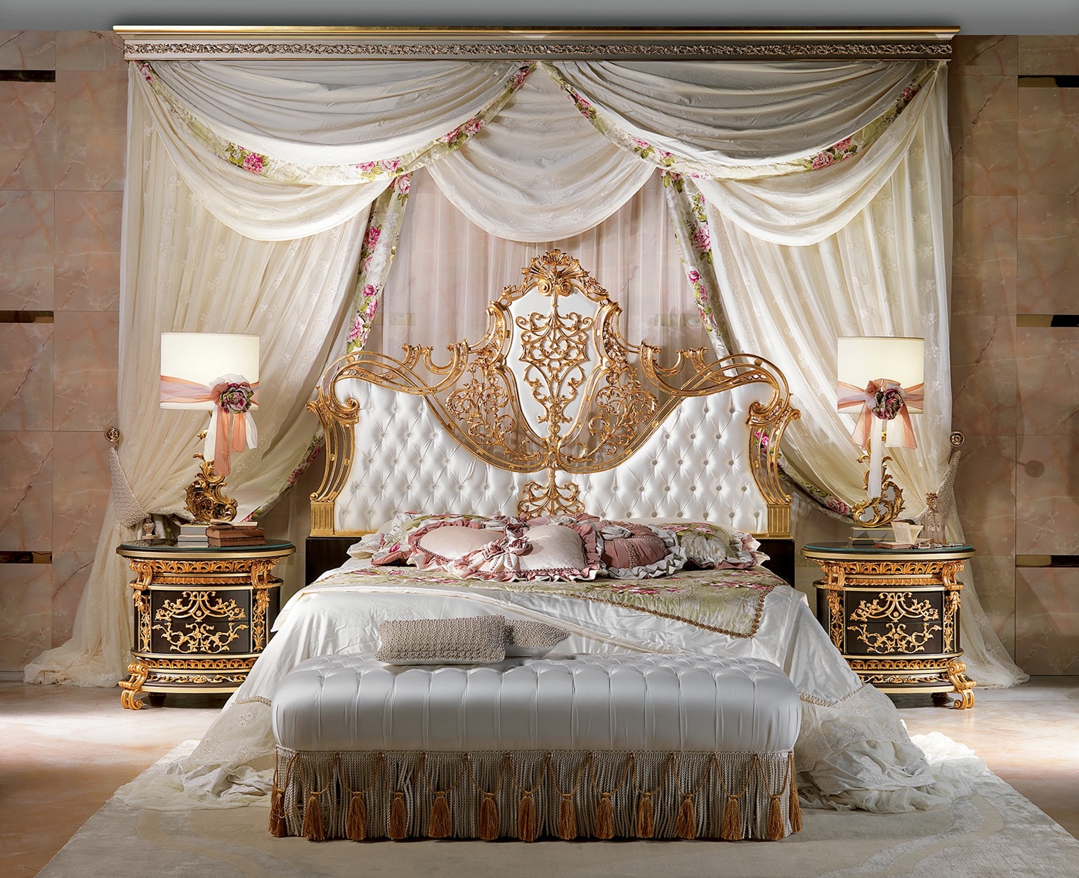 Royal Craft Furniture Elite Luxury Heritage Bedroom with Grand Baroque Architecture, Golden Ornamental Framework And Custom Embellished Textiles