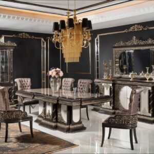Royal Craft Furniture Grand Black And Gold Classic Dining Room Set with Heavy Carved Table Base, Marble-Top Finish, Tufted Royal Chairs And Ornate Buffet Mirror Ensemble