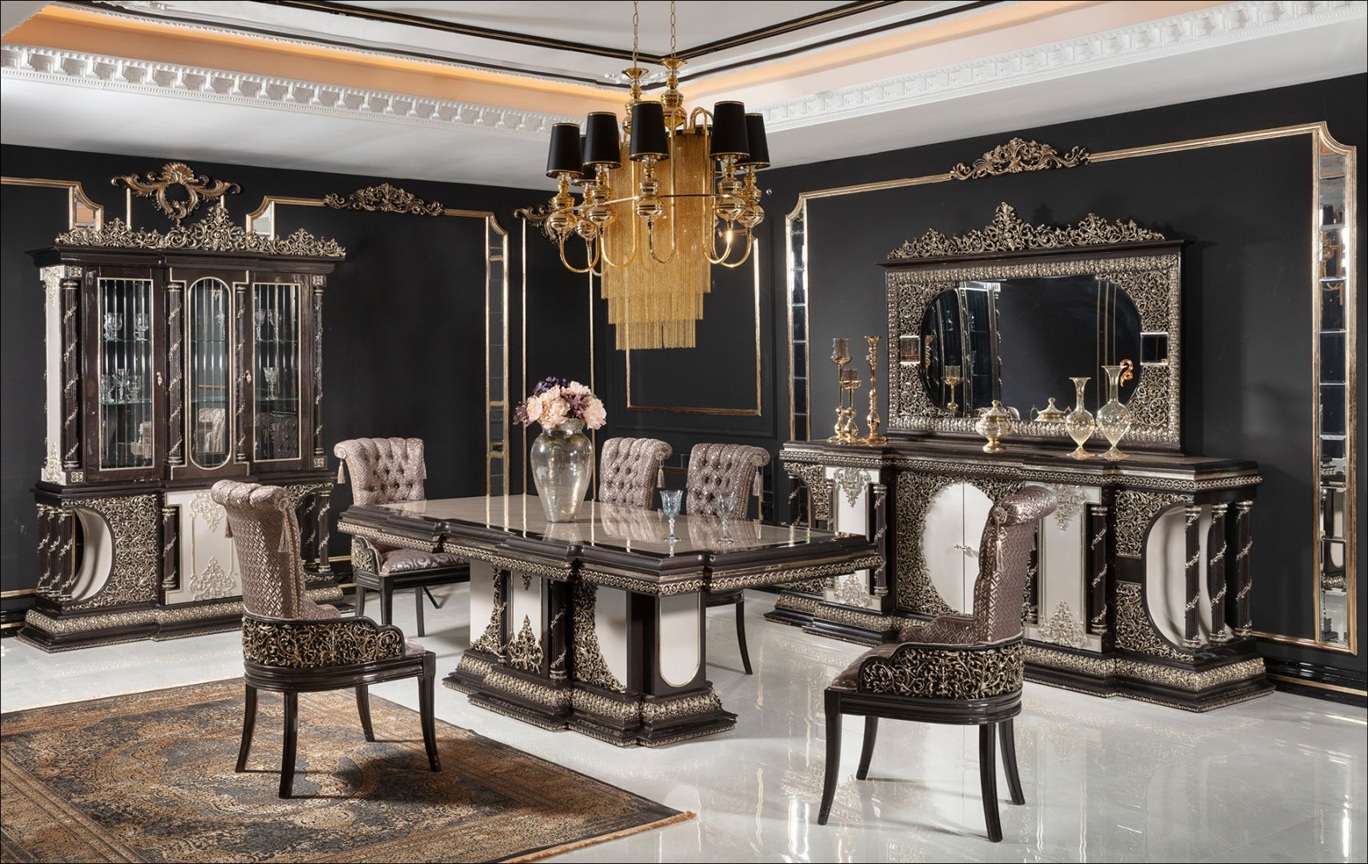 Royal Craft Furniture Grand Black And Gold Classic Dining Room Set with Heavy Carved Table Base, Marble-Top Finish, Tufted Royal Chairs And Ornate Buffet Mirror Ensemble