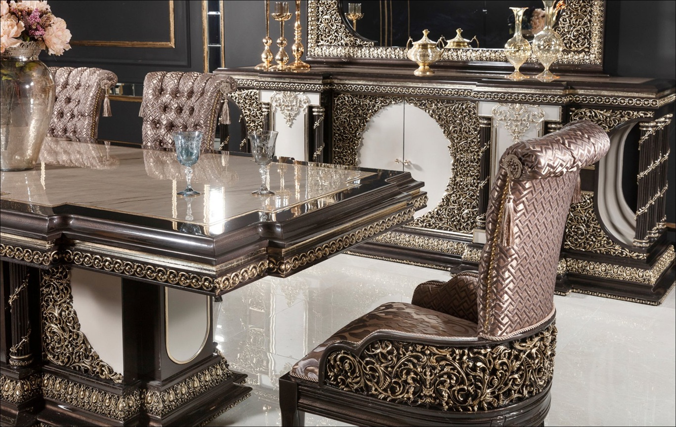 Royal Craft Furniture Grand Black And Gold Classic Dining Room Set with Heavy Carved Table Base, Marble-Top Finish, Tufted Royal Chairs And Ornate Buffet Mirror Ensemble - Image 2