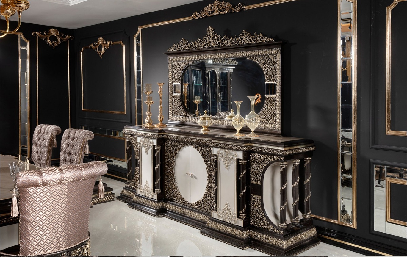 Royal Craft Furniture Grand Black And Gold Classic Dining Room Set with Heavy Carved Table Base, Marble-Top Finish, Tufted Royal Chairs And Ornate Buffet Mirror Ensemble - Image 3
