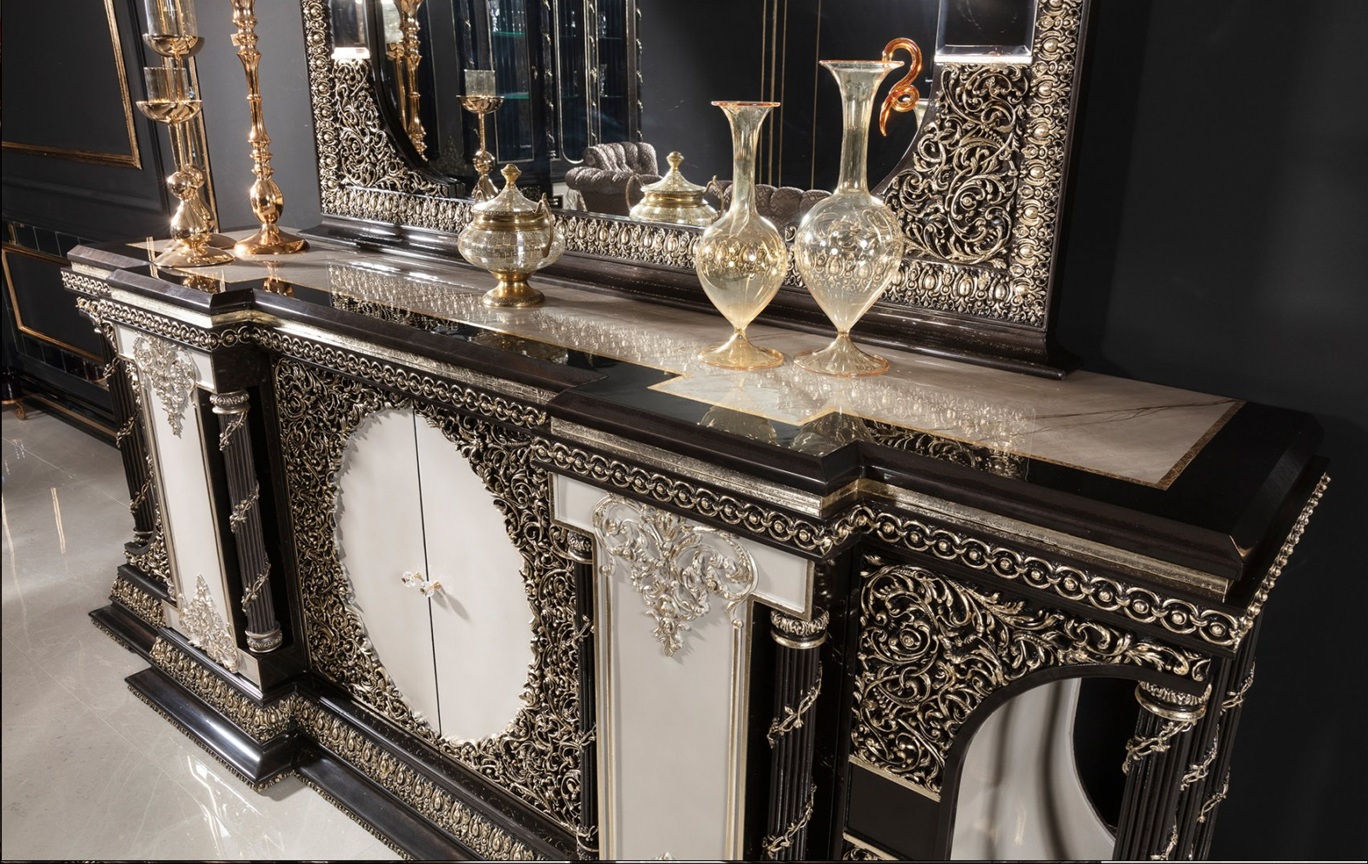 Royal Craft Furniture Grand Black And Gold Classic Dining Room Set with Heavy Carved Table Base, Marble-Top Finish, Tufted Royal Chairs And Ornate Buffet Mirror Ensemble - Image 4