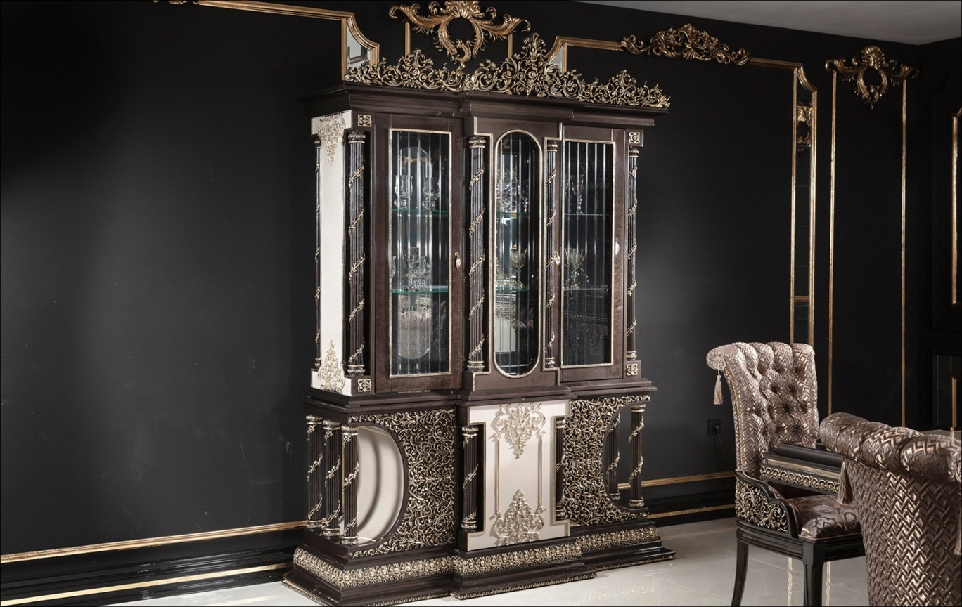 Royal Craft Furniture Grand Black And Gold Classic Dining Room Set with Heavy Carved Table Base, Marble-Top Finish, Tufted Royal Chairs And Ornate Buffet Mirror Ensemble - Image 5