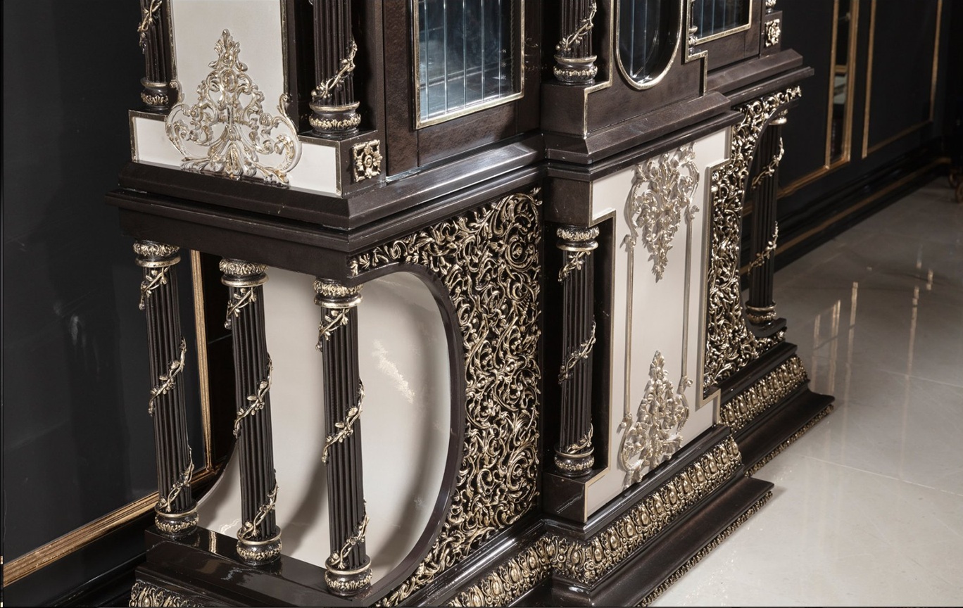 Royal Craft Furniture Grand Black And Gold Classic Dining Room Set with Heavy Carved Table Base, Marble-Top Finish, Tufted Royal Chairs And Ornate Buffet Mirror Ensemble - Image 6
