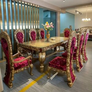 Royal Craft Furniture Classic Opulent Dining Table Set – Red Velvet High‑Back Chairs, Gold Heavy Carving 8‑Seater