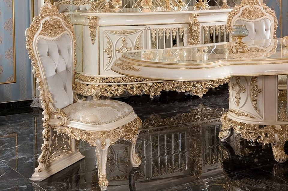 Royal Craft Furniture Luxurious Baroque Golden Dining Collection With Deep Sculpted Carvings Plush Upholstery And Majestic Console Mirror - Image 2