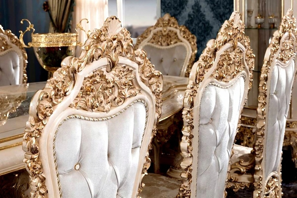 Royal Craft Furniture Luxurious Baroque Golden Dining Collection With Deep Sculpted Carvings Plush Upholstery And Majestic Console Mirror - Image 3