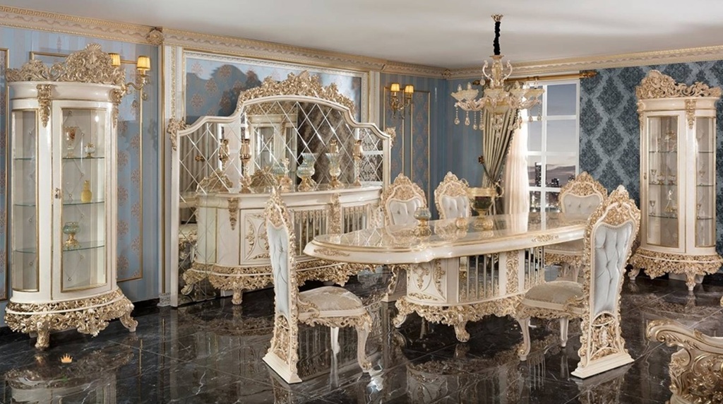 Royal Craft Furniture Luxurious Baroque Golden Dining Collection With Deep Sculpted Carvings Plush Upholstery And Majestic Console Mirror