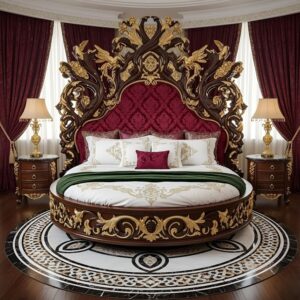 Royal Craft Furniture Luxurious Round Bed with Gold Highlighting