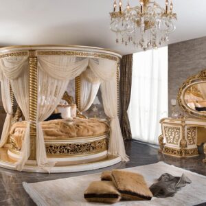 Royal Craft Furniture Grand Round Bedroom Set - Cream And Gold, Ornate Luxury Carvings, Elegant Traditional Style