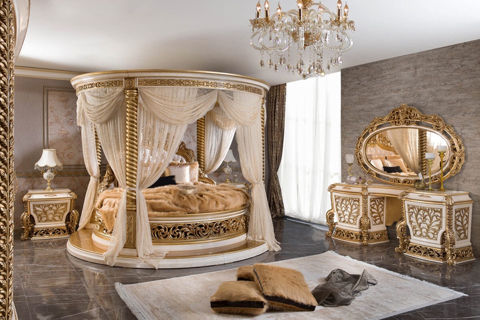 Royal Craft Furniture Grand Round Bedroom Set - Cream And Gold, Ornate Luxury Carvings, Elegant Traditional Style