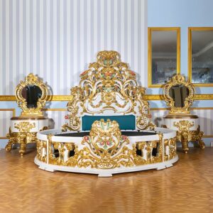Royal Craft Furniture Luxurious Antique Round Bed Featuring Ornate Hand-Painted Heavy Floral Carved Headboard