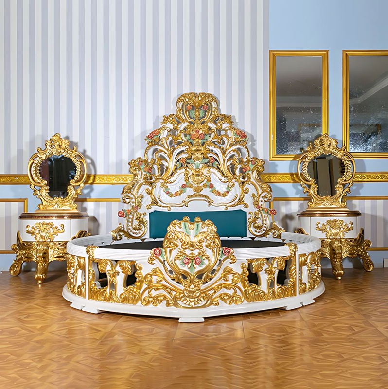 Royal Craft Furniture Luxurious Antique Round Bed Featuring Ornate Hand-Painted Heavy Floral Carved Headboard