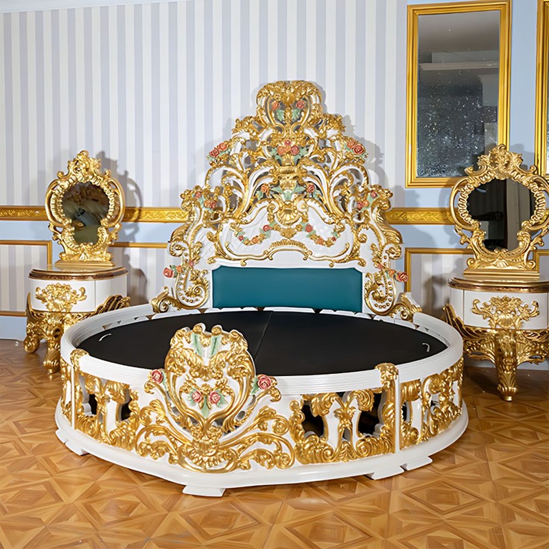 Royal Craft Furniture Luxurious Antique Round Bed Featuring Ornate Hand-Painted Heavy Floral Carved Headboard - Image 2