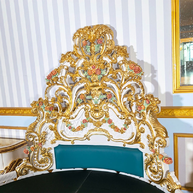 Royal Craft Furniture Luxurious Antique Round Bed Featuring Ornate Hand-Painted Heavy Floral Carved Headboard - Image 3