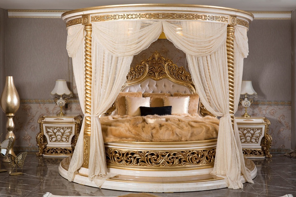 Royal Craft Furniture Grand Round Bedroom Set - Cream And Gold, Ornate Luxury Carvings, Elegant Traditional Style - Image 3