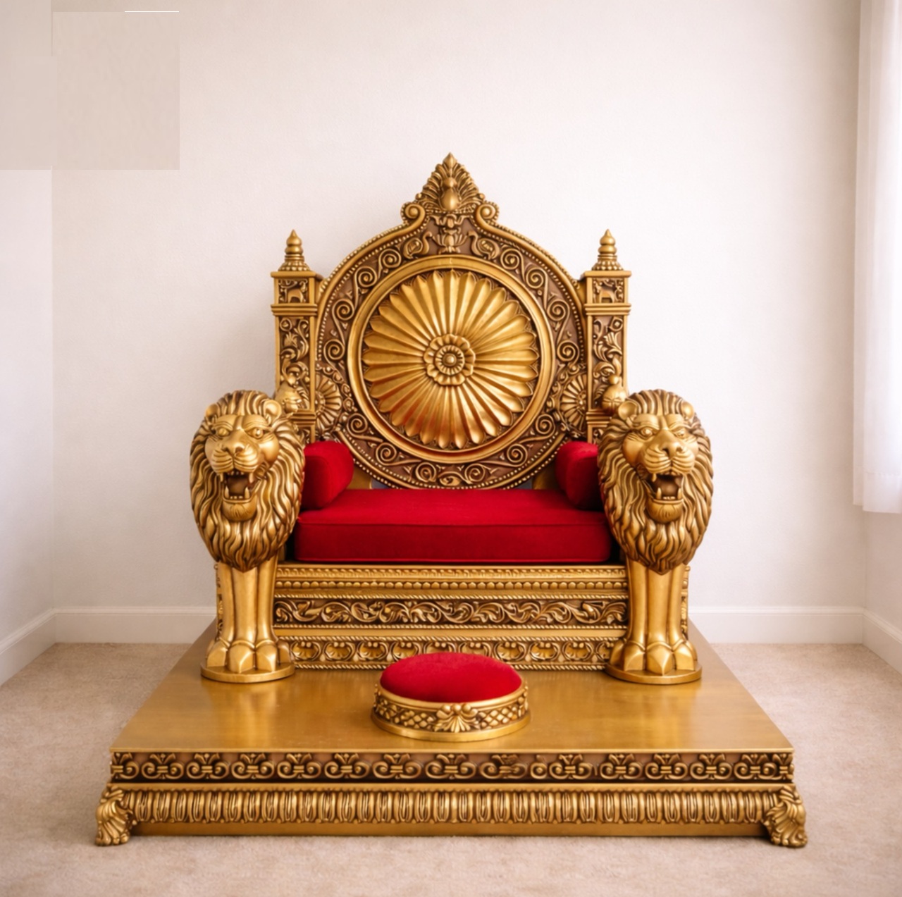 Royal Craft Furniture Traditional Wooden Guruji Chair Singhasan in Teak Wood with Lion Handles - Image 2