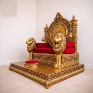 Royal Craft Furniture Traditional Wooden Guruji Chair Singhasan in Teak Wood with Lion Handles