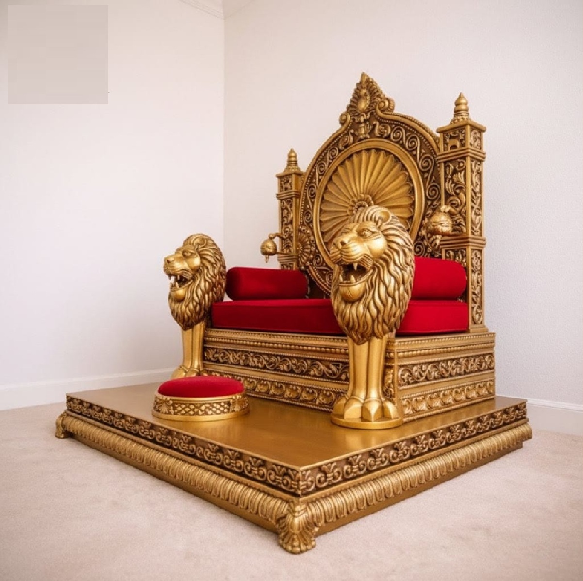 Royal Craft Furniture Traditional Wooden Guruji Chair Singhasan in Teak Wood with Lion Handles