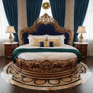 Royal Craft Furniture Wooden Luxury Round Bed with Gold Highlights