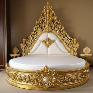 Royal Craft Furniture Luxury Round Bed with Gold Ornate Frame and White Upholstery – Elegant Baroque Design for Royal Bedrooms