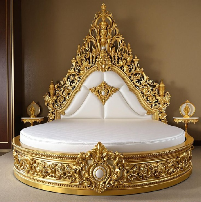 Royal Craft Furniture Luxury Round Bed with Gold Ornate Frame and White Upholstery – Elegant Baroque Design for Royal Bedrooms