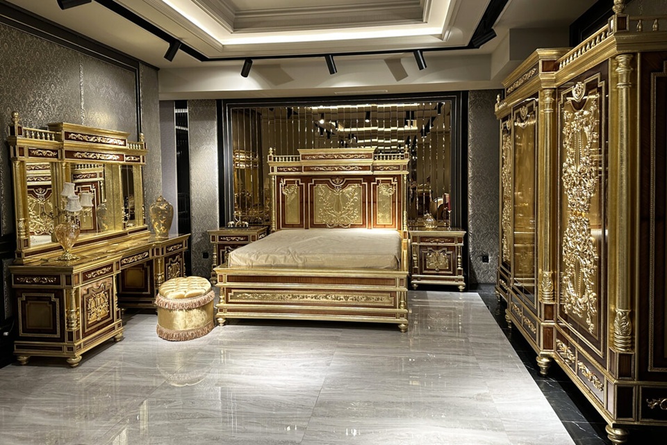 Royal Craft Furniture Golden Age Bedroom Ensemble – Handcrafted European Masterpiece with Ornate Gold Leaf Carvings, Elegant Mirror Accents, and Royal Headboard Design - Image 2