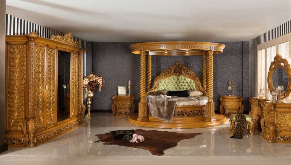 Royal Craft Furniture Walnut Royal Carved Bedroom Collection Featuring Deep Engraved Artwork And Traditional Luxury Finish