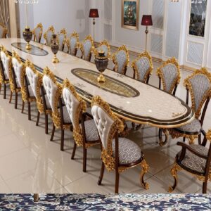 Royal Craft Furniture Luxury 22-Seater Dining Table with Hand-Carved Vintage Royal Detailing and Gold Accents
